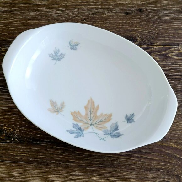 Vintage Noritake Maplewood 11" Oval Serving Bowl Blue & Tan Autumn Leaves c1960s - Picture 2 of 12